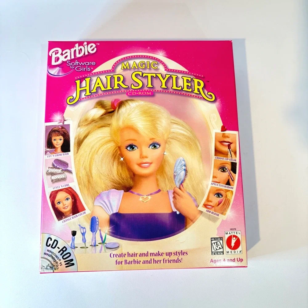 Vintage 1997 Barbie Magic Hair Styler PC CD-ROM Big Box Windows 95 16376 Mattel